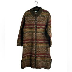 ORVIS wool long sweater cardigan  button front size L olive green red Nordic